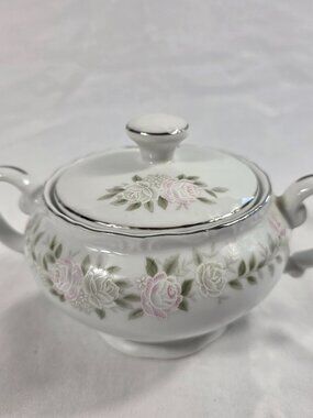 Sheffield 501 Classic Sugar Bowl & Lid White with Pink Roses on the Rim